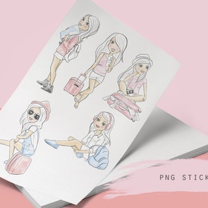Travel girl illustrations, girl stickers, character sheet, cartoon girl stickers, cut files, travel journal stickers