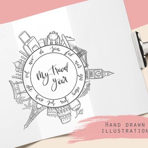 Travel year at a glance, hand drawn illustration, for travelers notebook, year in review, printable, planner inserts, bullet journal page