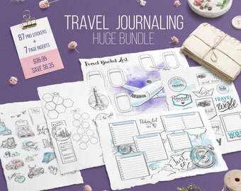 Travel journal Digital stickers bundle Bullet journal Planning kit Printable Travel Planner inserts Vacation Packing list Bucket list