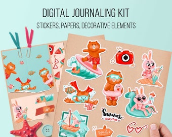 Digital sticker pack Scrapbook journal Planner stickers Digital paper Washi tapes Digital scrapbook kit Bullet journal Summer Adventure