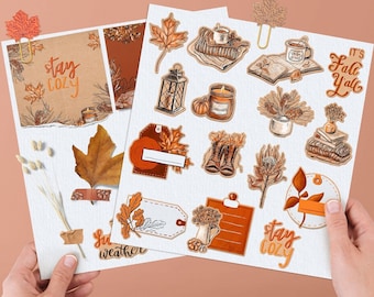 Digital sticker pack Scrapbook journal Planner stickers Digital paper Washi tapes Digital scrapbook kit Bullet journal Fall Autumn Leaf