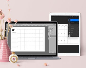 Editable Monthly layout Landscape for Digital planner PSD Procreate files Customizable Monthly Inserts Printable calendar Template