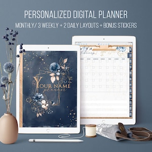 Personalized digital planner Goodnotes Undated Portrait Monthly Weekly Daily planner To do list  Digital stickers Navy blue Custom cover