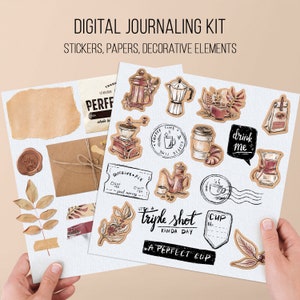 Digital sticker pack Scrapbook journal Coffee stickers Digital paper Washi tapes Digital scrapbook kit Bullet journal stickers Craft paper