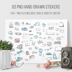83 PNG Reisejournal-Aufkleber-Paket Druckbare Reiseaufkleber-Paket Handgezeichnete digitale Aufkleber Bullet-Journal und Planner-Aufkleber