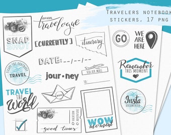 Travel stickers,  printable, journal stickers, digital clipart, hand drawn, functional stickers, decorative travel stamps