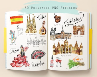 Spain Travel Stickers: Barcelona & Madrid Landmarks (Digital Download)
