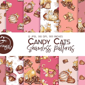 Candy & Cats Seamless pattern Digital papers Chocolate paper pack Cute kittens Valentines day Printable Funny cats Wrapping paper