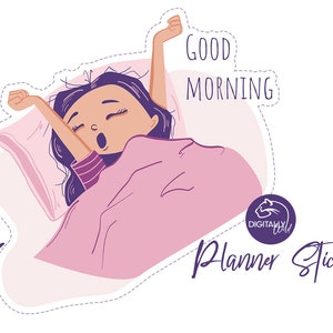 Buenos días Planificador pegatinas Despierta Chica Imprimible Erin condren Planificador feliz Bullet diario pegatina Ilustración digital Lindo