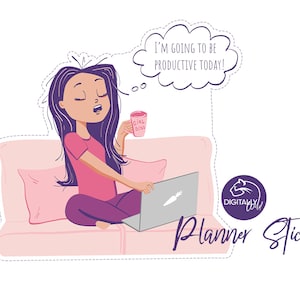 Work Planner stickers Girl boss Working on laptop Productive bullet journal sticker Printable Erin condren Cute illustration Digital sticker