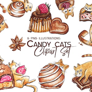 Watercolor cats Digital clipart Candy stickers Chocolate lovers Planner girl Sweet food clip art Printable cat illustrations Cute kitties