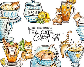 Cats clipart Tea Digital stickers Watercolor clipart Cups Teapots Cute kittens Scrapbooking Drink clipart Cat art Pets Digital Graphics