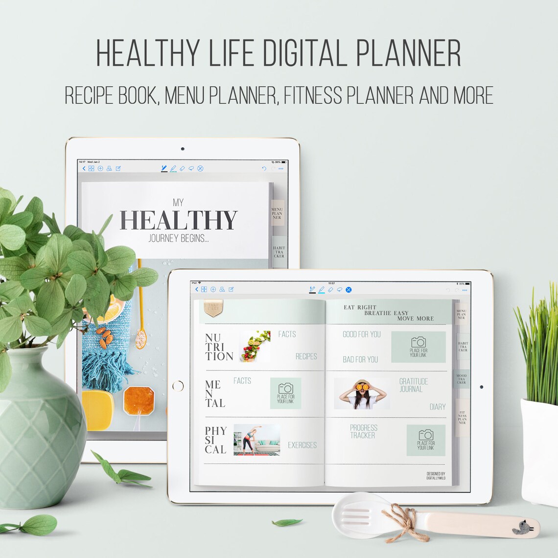 Wellness Digital Planner Fitness & Meal Planner Mental Health Goal ...