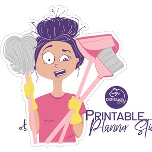Cleaning day Planner stickers To clean Girl character Printable Bullet journal stickers Digital chore stickers Clean house Erin Condren