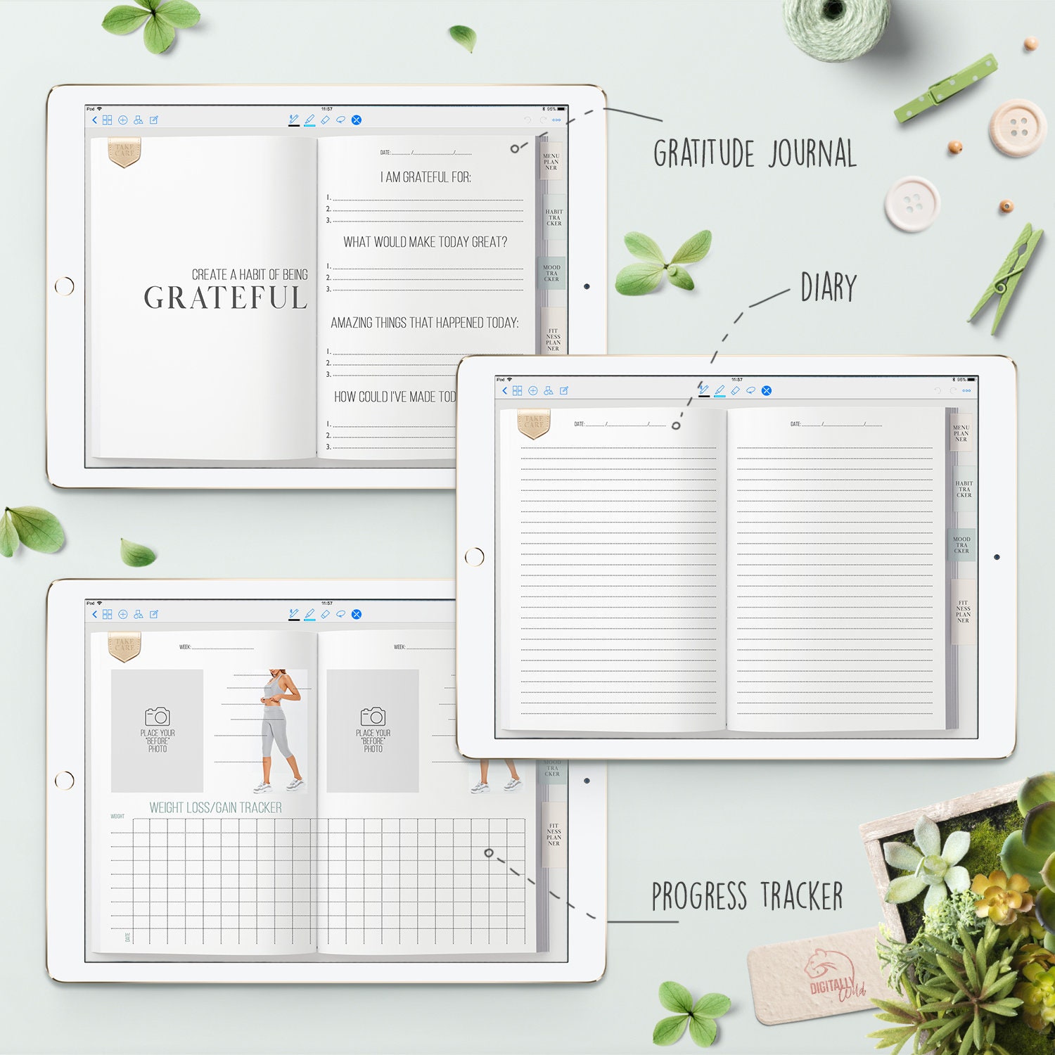 Wellness Digital Planner Fitness & Meal Planner Mental Health Goal ...