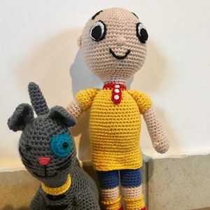 Caillou and Gilbert cat inspired crochet amigurumi figures