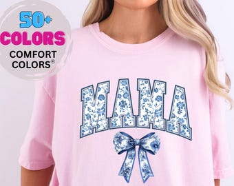 Comfort Colors® Mama Shirt, Chinoiserie Shirt, Blue Bow Shirt, Mother's Day Gift, Trendy Gift For Mom, Cute Mom Shirt, Coquette Bow Shirt