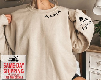 Mama with Kid Names on Sleeve, Custom Mama sweatshirts, Personalized Mom shirts, Christmas Gifts for her, More Shirt Styles XS-4XL