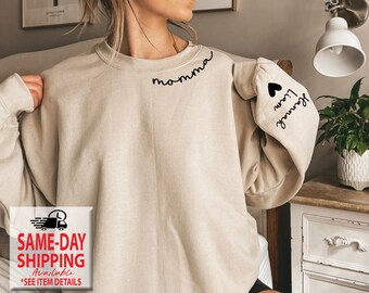 Momma with Kid Names on Sleeve, Custom Momma sweatshirts, Personalized Mom shirts, Christmas Gifts for her, More Shirt Styles XS-5XL