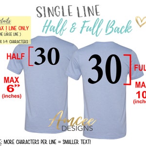 May include: A light blue t-shirt with the number 30 printed on the back. The shirt is shown in two views: one with the number printed on the left half of the back and the other with the number printed on the full back. The text "SINGLE LINE Half & Full Back" is printed at the top of the image. The text "MAX 1 LINE ONLY (ONE LARGE LINE) MAX 1-4 CHARACTERS" is printed in the top left corner. The text "HALF [30" is printed on the left side of the shirt. The text "MAX 6" (inches)" is printed below the text "HALF". The text "30] FULL" is printed on the right side of the shirt. The text "MAX 10" (inches)" is printed below the text "FULL". The text "NOTE: MORE CHARACTERS PER LINE = SMALLER TEXT!" is printed at the bottom of the image.