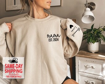 Mama EST (custom year) with Kid Names on Sleeve, Custom Mama sweatshirts, Personalized Mama shirts, Christmas Gift, More Shirt Styles XS-4XL