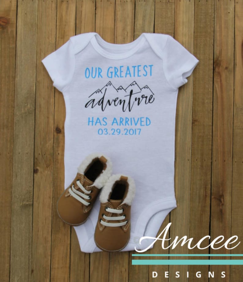 Infant Boy Girl Baby Arrival Announcement Custom Date Birth Announcement Our Greatest Adventure Has Arrived Personalized bodysuit