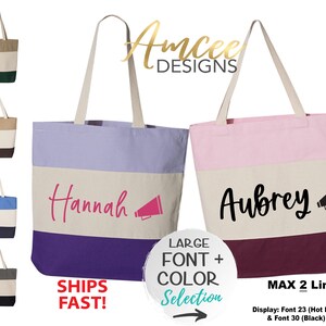 9028 - Cheer (CUSTOM Name) Tote Bag, Listing for ONE tote only 15x15, Cheerleader Gifts, Cheer Practice, Coach, Canvas Totes, Custom Bags