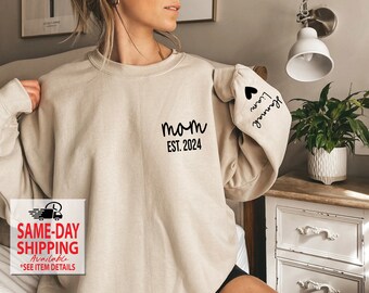 Mom EST (custom year) with Kid Names on Sleeve, Custom Mom sweatshirts, Personalized Mom shirts, Christmas Gifts, More Shirt Styles XS-4XL
