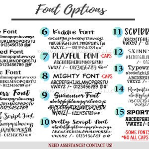 May include: A chart with 15 different font options for text. Each font is labeled with a number and a descriptive name, such as "Simple Font", "Kiddie Font", and "Playful Font". The chart also includes the lowercase and uppercase alphabet, numbers, and symbols for each font.