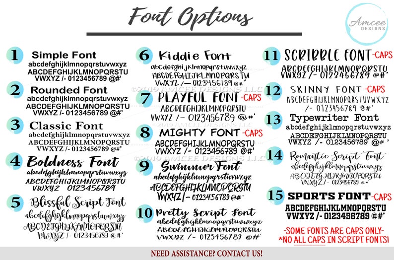 May include: A chart with 15 different font options for text. Each font is labeled with a number and a descriptive name, such as "Simple Font", "Kiddie Font", and "Playful Font". The chart also includes the lowercase and uppercase alphabet, numbers, and symbols for each font.