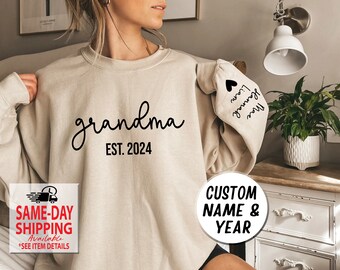 Custom Grandma EST Year with Kid Names on Sleeve, Custom sweatshirts, Personalized Grandma shirts, Christmas Gift, More Shirt Styles XS-4XL