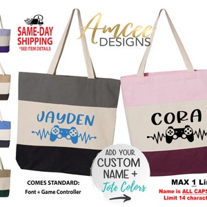 May include: Two personalized canvas tote bags with a gaming controller and heartbeat graphic. The tote bags are available in a variety of colors. The text on the bags reads "Jayden" and "Cora".