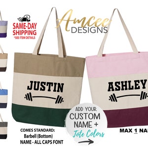 9323 - Barbell + Custom Name Tote, Listing for ONE tote, Workout Gym Bag, Fitness Gifts, Canvas Tote Bag, Custom Tote Bags / More Styles