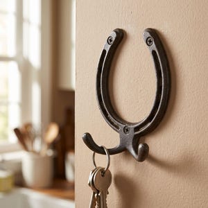 May include: A dark brown, cast iron wall hook shaped like a horseshoe with two curved prongs at the bottom. The horseshoe is mounted to the wall with three visible screws. A metal keyring with several silver keys hangs from one of the hooks.