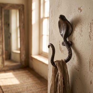 May include: A dark brown, cast iron wall hook shaped like a cobra snake with its hood flared. The snake's body curves to form a hook, and it is mounted to the wall with two visible screws. A light beige fabric scarf hangs from the curved tail.