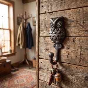 May include: A dark brown, cast metal wall hook shaped like an owl with detailed feathers and large eyes. The hook is mounted to a rustic wooden plank with two visible screws. A set of metal keys with an acorn-shaped charm hangs from the hook.