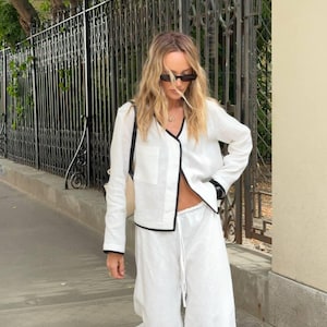 Frauen Leinen Sommer Set, Top und Hose mit weitem Bein, Top mit V-Ausschnitt, Top mit Knopfleiste, Hose mit hoher Taille, Palazzohose, zweiteiliges Set