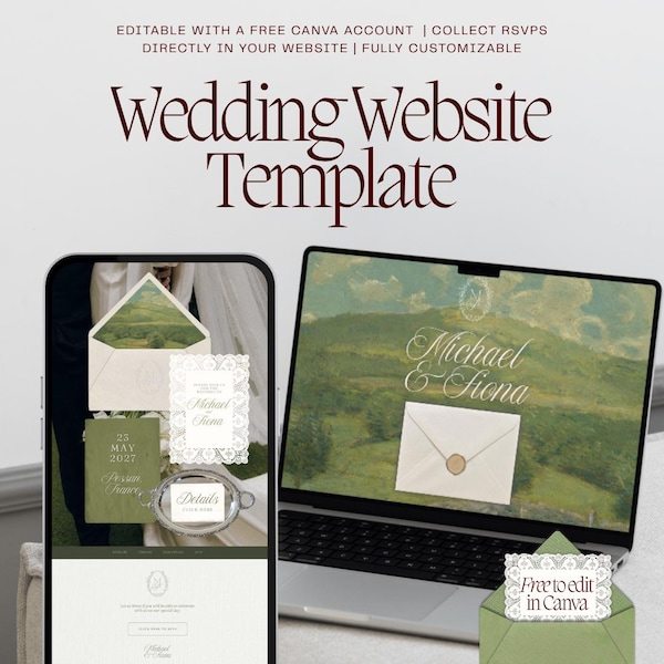 Estate Wedding Website Template | Sage Green Canva Invitation (Digital Download)