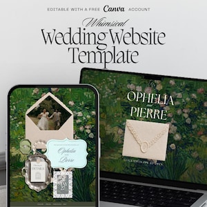 Könnte beinhalten: Eine Hochzeit Website-Vorlage, die auf einem Telefon und einem Laptop angezeigt wird. Das Telefon zeigt einen geöffneten Umschlag mit einem Paar, und der Laptop zeigt einen Umschlag mit den Namen "Ophelia und Pierre". Der Text "Whimsical Wedding Website Template" steht oben.