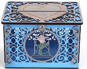Beauty Beast Quinceanera or Wedding Card Box with Lock, Wedding Money Envelopes Holder, Rose Wedding Decor, Sweet Sixteen, Wishes Well