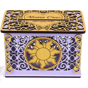 Tangled Sun Wedding Card Box, Rapunzel Quinceanera Money Box, Personalized Lockable Card Box for Sweet 16, Wooden Box for Wedding Greetings