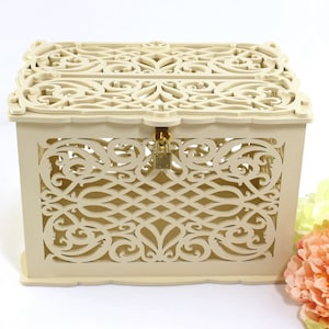 Personalized Ivory Card Box For Wedding With Slot And Lock, Wedding Envelopes Box, Wooden Money Box, Card Holder, Wedding Gift, Keepsake Box