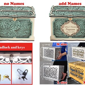 May include: A wooden wedding card box with a tropical leaf design. The box is available in four sizes: small, medium, large, and extra large. The box can be personalized with the couple's names and wedding date. The box comes with a padlock and keys.
