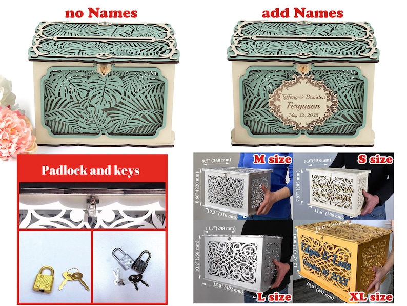 May include: A wooden wedding card box with a tropical leaf design. The box is available in four sizes: small, medium, large, and extra large. The box can be personalized with the couple's names and wedding date. The box comes with a padlock and keys.