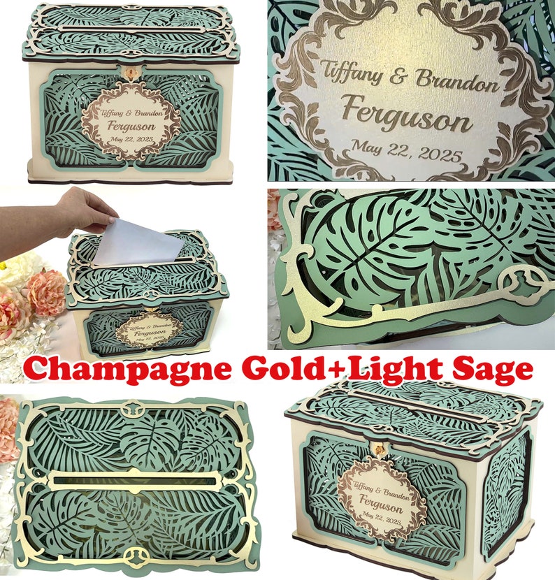 May include: A wooden wedding card box with a light sage green and gold design. The box has a cutout design of tropical leaves and the text "Tiffany & Brandon Ferguson May 22, 2025".