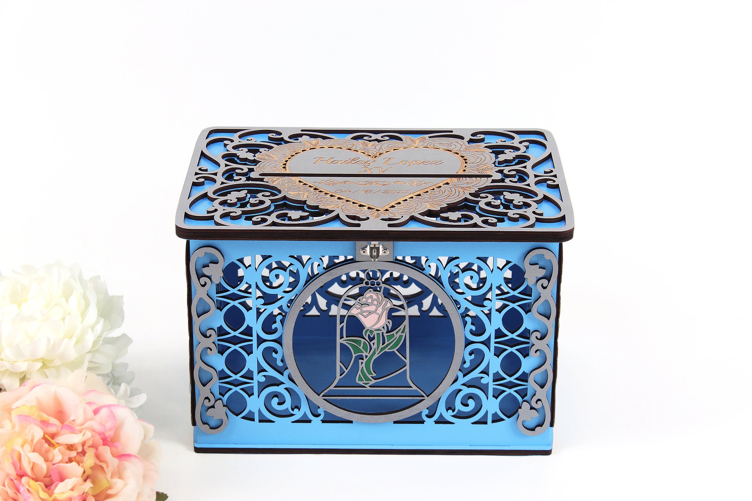 Beauty Beast Quinceanera or Wedding Card Box with Lock Wedding Money Envelopes Holder Rose Wedding Decor Sweet Sixteen Wishes