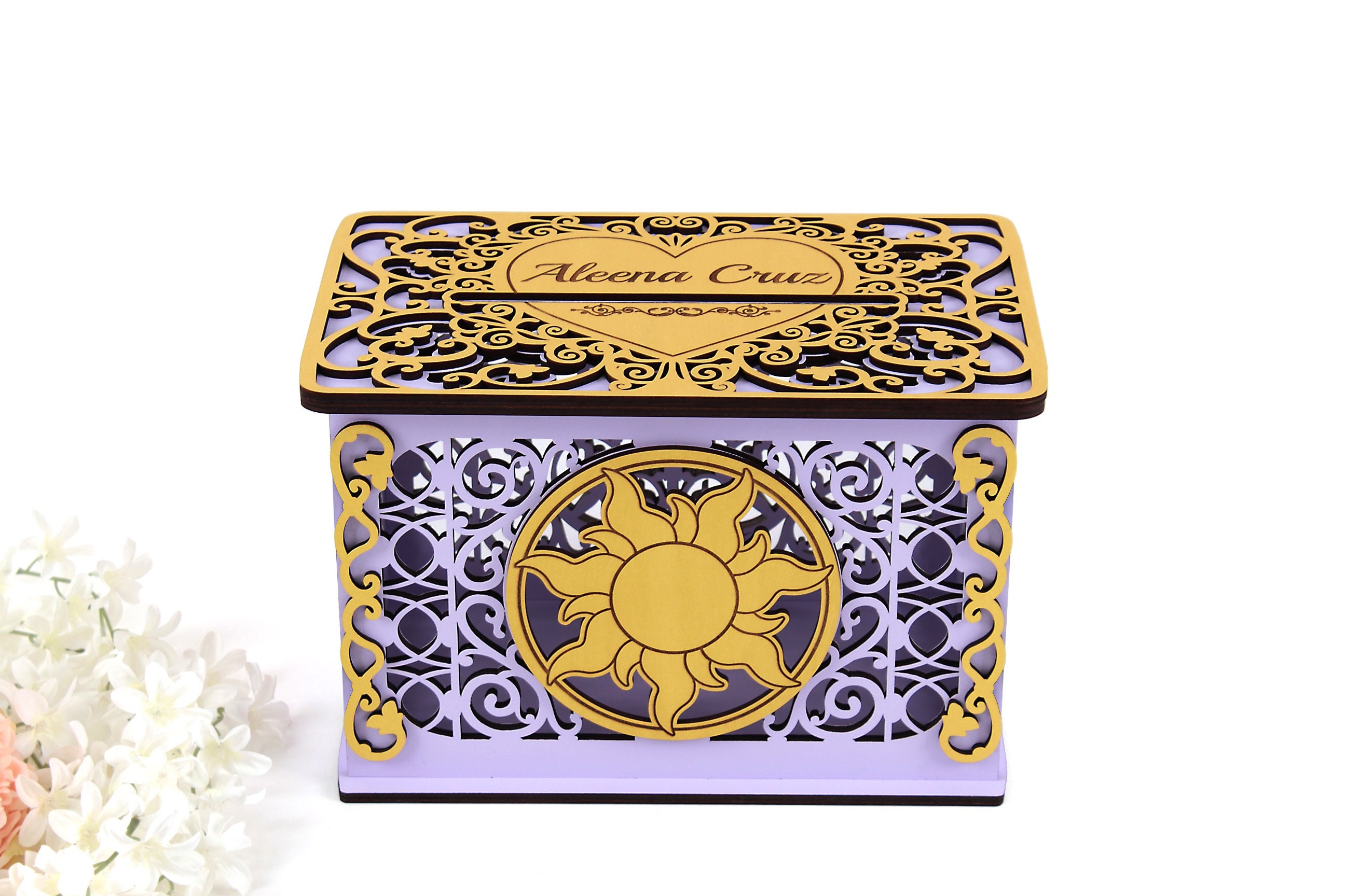 Tangled Sun Wedding Card Box, Rapunzel Quinceanera Money Box, Personalized Lockable Card Box for Sweet 16, Wooden Box for Wedding Greetings