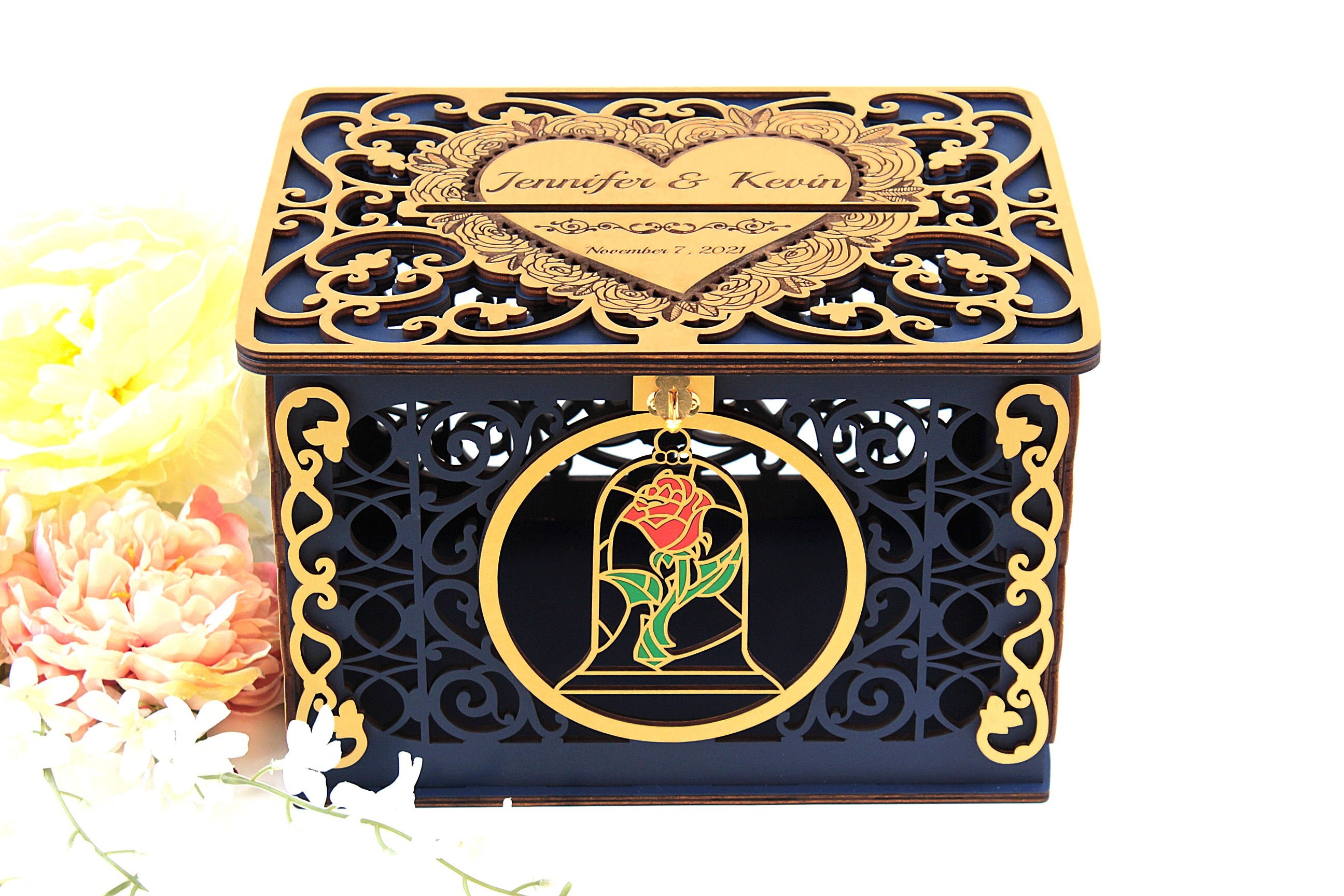 Beauty Beast Rose Wedding Decor Card Box Quinceanera Money Box Envelopes Holder Wishes Well Box