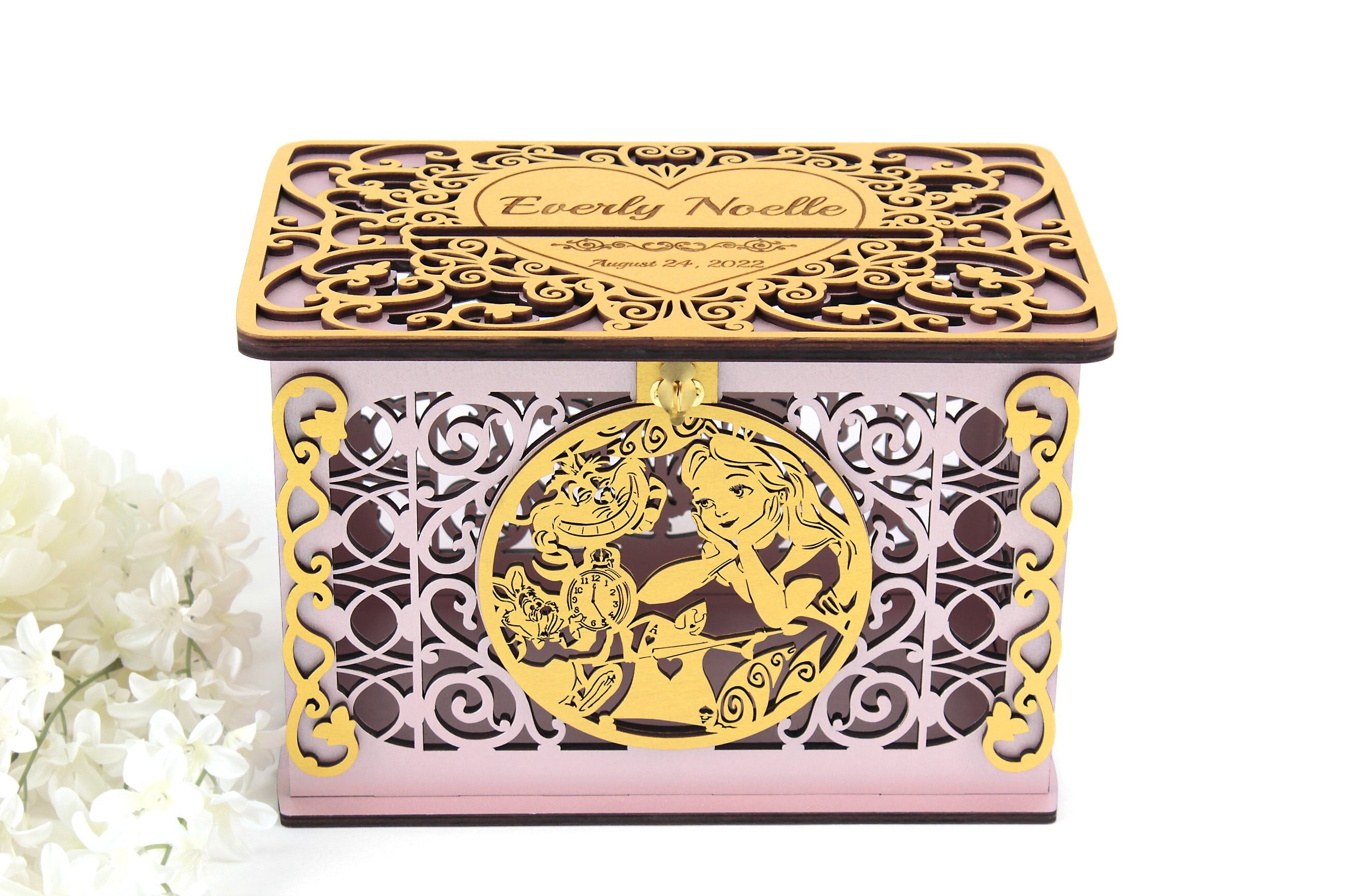 Quinceanera Card Box with Lock Alice in Wonderland Wedding Money Envelopes Box Wedding Greetings and Well Wishes Sweet
