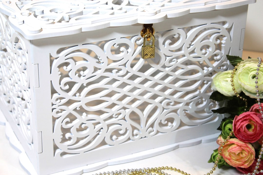 Wedding Card Box With Lock With Slot Personalized White, Money ...